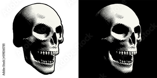 Black and White Evil Human Skull With Engraved Effect in Two Variants for White and Dark Backgrounds