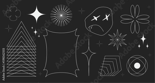 Super trendy geometric Y2K brutalism styled linear shapes. Set including stars, deformation, bubbles, arrows and other trendy shapes.