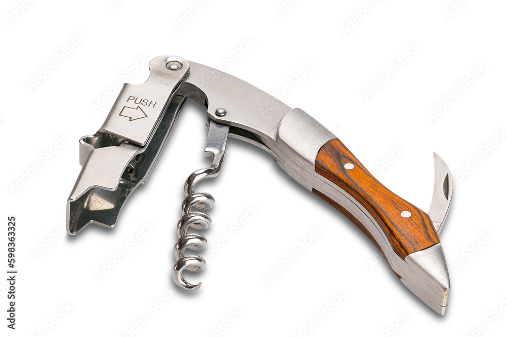 Multifunction sommelier knife with wine bottle opener corkscrew, sharp blade knife and wooden handle isolatend on white background with clipping path, closeup, high angle view, horizontal format. Multifunction sommelier knife with wine bottle opener corkscrew, sharp blade knife and wooden handle isolatend on white background with clipping path, closeup, high angle view, horizontal format.