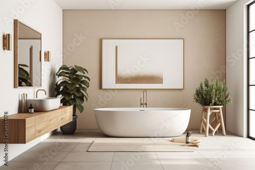 Transform your bathroom into a luxurious oasis with a spacious tub and an elegant sink. A place of beauty and comfort for your daily self-care routine. AI Generative Generative AI