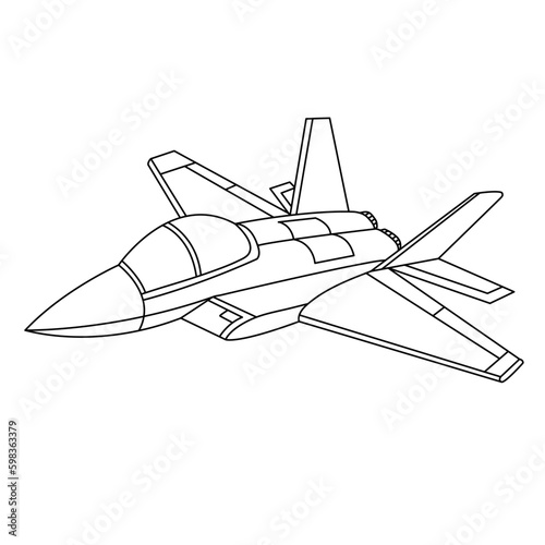 Aircraft Coloring Page. Cartoon Jet Fighter Outline Design. Military Airplane Isolated on White Background.