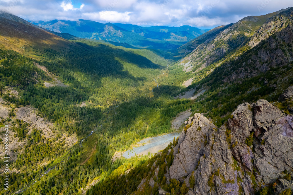 Panorama Landscape turquoise lake in mountains Aerial top view