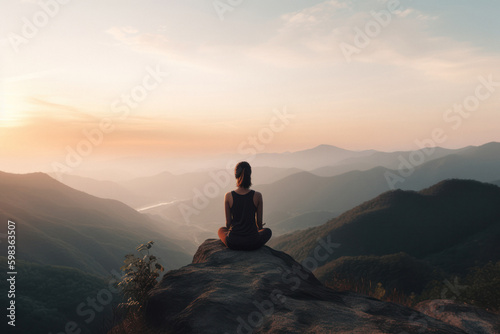 Woman Meditating in Lotus Pose with Scenic Mountain View