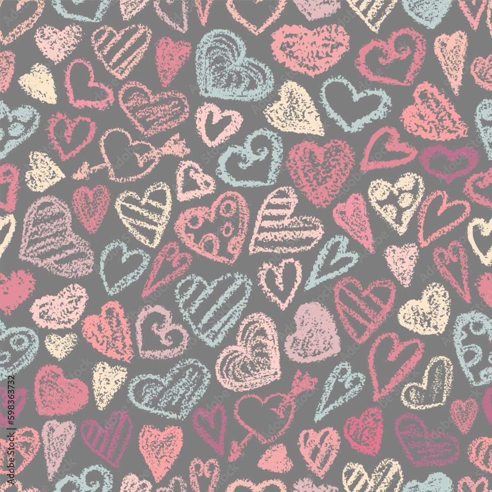 Chalk heart. Crayon hearts pattern. Valentines day hearts on black background. Children drawing love symbol, doodle art heart. Chalk texture, seamless valentine's day print. Chalk heart. Crayon hearts pattern. Valentines day hearts on black background. Children drawing love symbol, doodle art heart. Chalk texture, seamless valentine's day print.