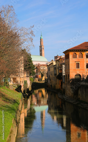 Vicenza in Italy and the reflection on the RETRONE river water of the Basilica Palladiana without people