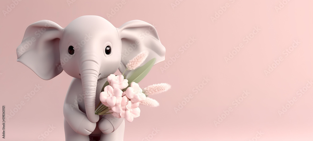 A cute cartoon elephant holds a bouquet of flowers on a pale pink background. AI generation