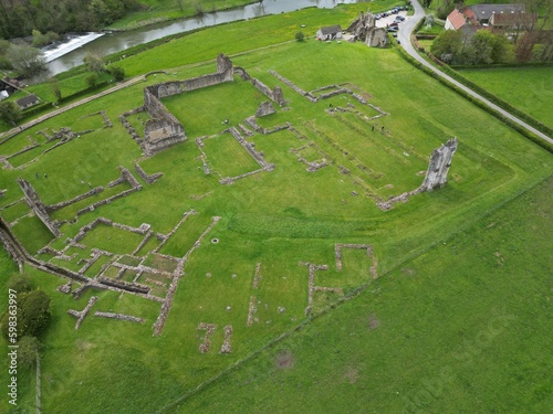 aerial view of the ruins of Kirkham Priory, medieval monastery