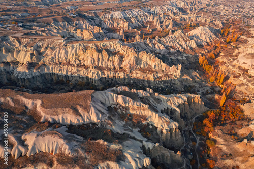 Beautiful sunset landscape autumn in Cappadocia, Turkey valley from aerial view