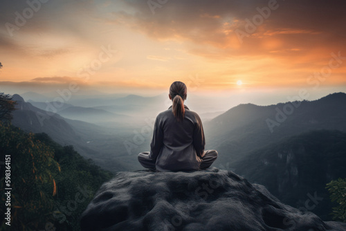 Woman Meditating in Lotus Pose with Scenic Mountain View