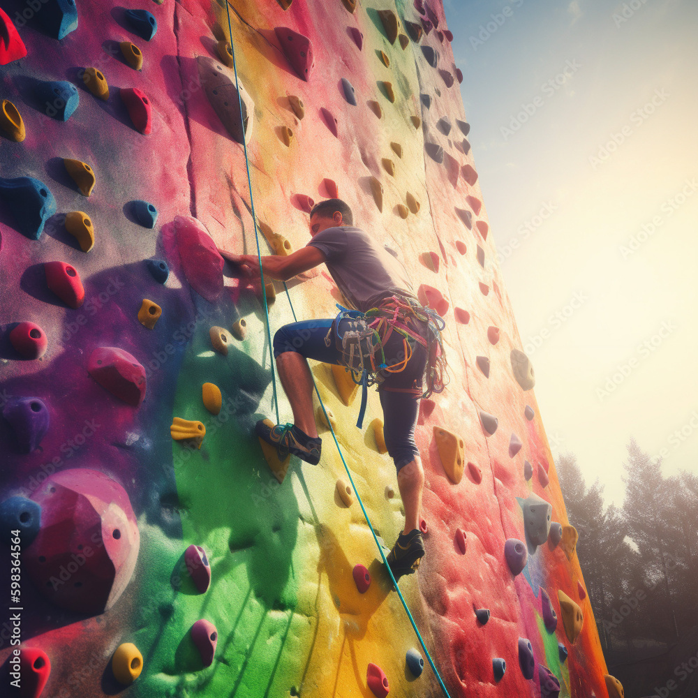 Girl rock climber trains on the climbing wall. Outdoor climbing wall ...