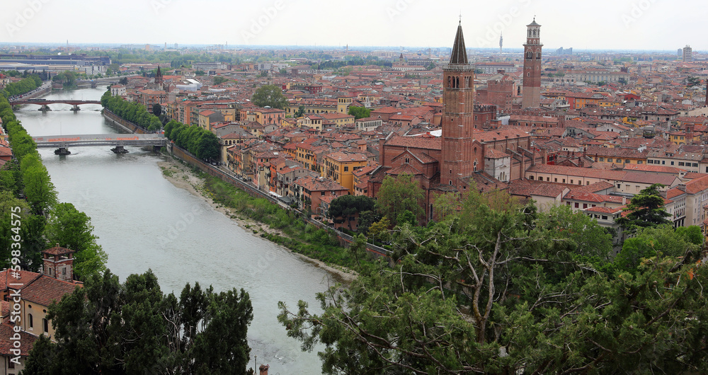 panoramic view of the city of Verona in Italy and the ADIGE river and the bridges that cross it