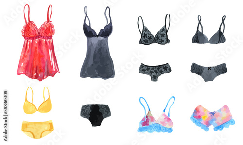 Vector set of underwear and lingerie for woman. Hand drawn watercolor illustration. Isolated on white background.