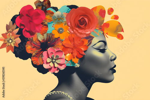 Collage with woman head and flowers on a yellow background, caribbean style vintage collage. Generative AI © JulMay