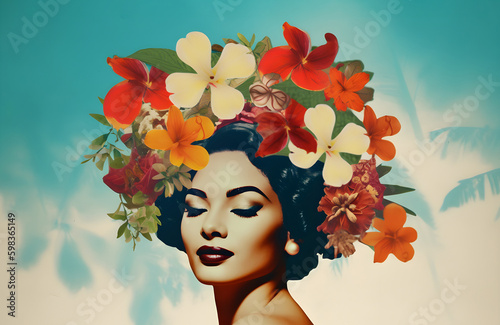 Collage with woman head and flowers, caribbean style vintage collage. Generative AI