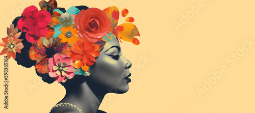 Collage with woman head and flowers on a yellow background with copy space, caribbean style vintage collage. Generative AI © JulMay