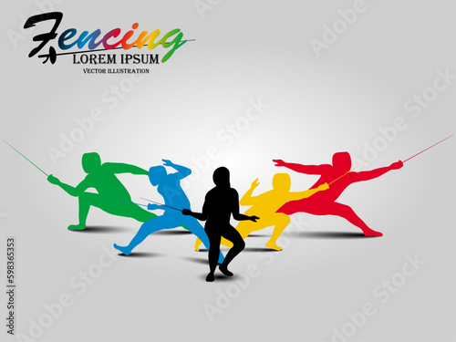 Visual drawing of man fencing athletes team fight suit practicing with sword on professional sports arena, motion fast of speed practice by tournament, action design style for vector illustration 2
