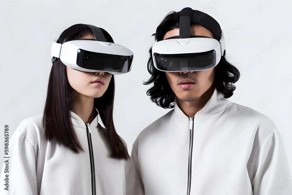 Woman and man using virtual reality headset generated by AI Woman and man using virtual reality headset generated by AI