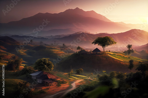 Burundi  landscape with mountains at sunset. Generative AI Art. Beautiful view. photo