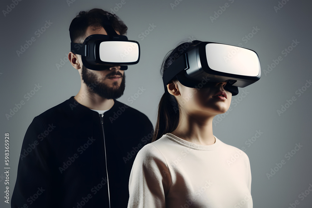Woman and man using virtual reality headset generated by AI Woman and man using virtual reality headset generated by AI