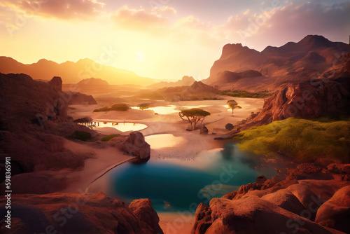 Cabo Verde  landscape with lake and hills. Generative AI Art. Beautiful view. © Sci-Fi Agent