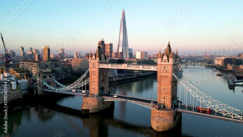 Aerial Drohne Helicopter Tower Bridge, London City, Thames, Skyline, River, 