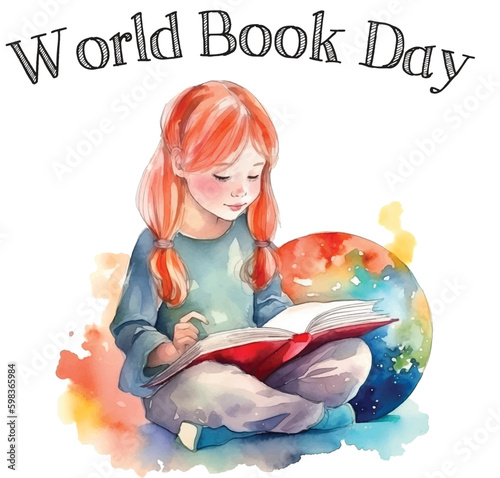 World book day girl watercolor paint ilustration