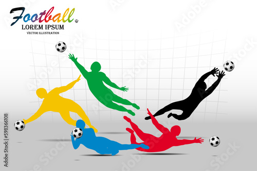Visual drawing movement for soccer or football sport and goalkeeper jumping at fast of speed of stadium colorful beautiful design pattern on white background for winner sport game vector illustration