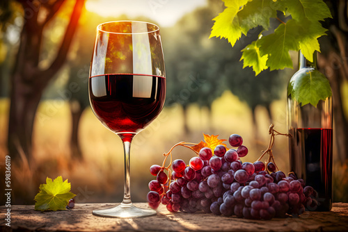 Glass of natural red wine and bottle of home made red wine on wooden table with grape vines on blurred rural sunset vineyard landscape. Production of natural wine at the winery. Generation ai