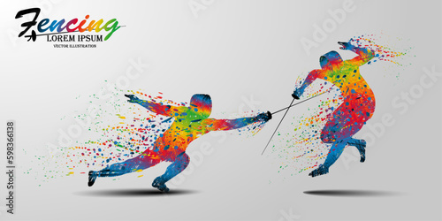 Visual drawing of 2 man fencing athletes fight suit practicing with sword on professional sports arena, motion fast of speed practice by tournament, action color design for vector illustration set 1