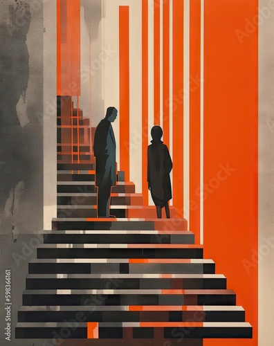 Two people stand on stairs with red and orange stripes. Generative Ai.