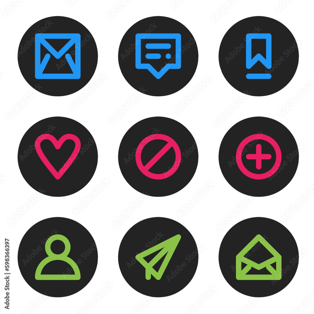 mail icon set, chat icon set, massage icon set with black color backgrounds 
