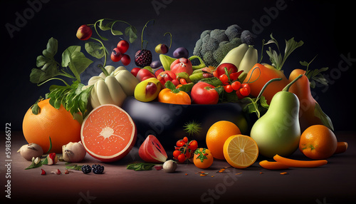 Fruits and vegetables  fruits and vegetables arranged horizontally  Generative AI