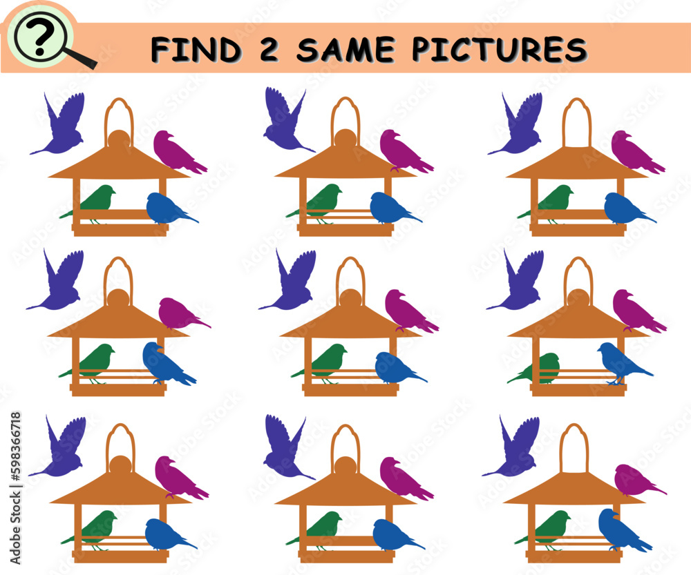 Find same pictures with birds and feeders. Educational logical game for children. Vector illustration.