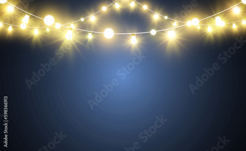 Christmas bright, beautiful lights, design elements. Glowing lights for design of Xmas greeting cards. Garlands, light Christmas decorations.	
