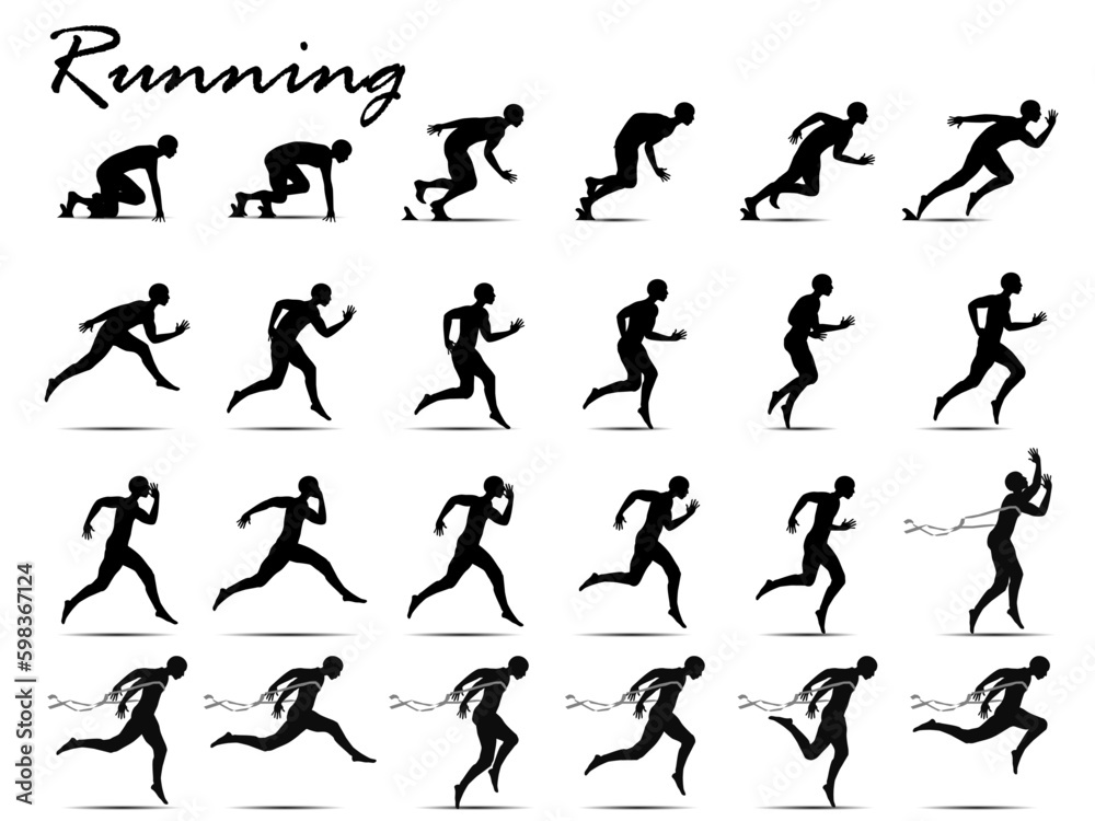 Visual drawing silhouettes of runner from start to finish collection,running and crossing a finish line winning a race,healthy lifestyle and sport concepts,abstract black and white vector illustration