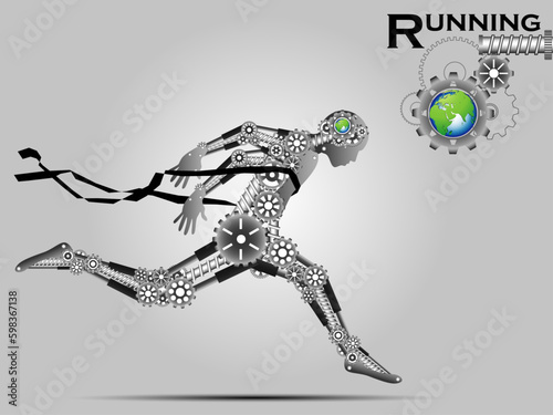 Visual drawing of robot for gear technology industrial, running and crossing a finish line winning a race,healthy lifestyle and sport concepts,abstract black and white vector illustration