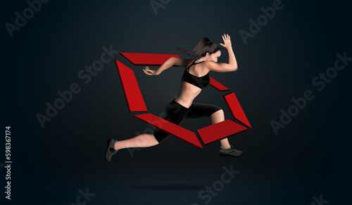 Visual drawing of realistic banner ads women runner and jump or dance in fitness club studio, concept lifestyle and health care with weight loss by exercise on black background for vector illustration