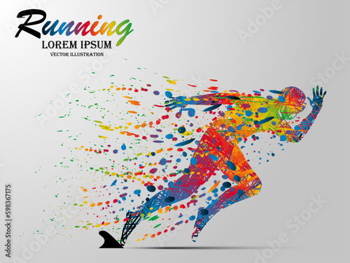 Visual drawing silhouettes of runner from start to finish, running and crossing a finish line winning a race, healthy lifestyle and sport concepts, abstract black and white vector illustration