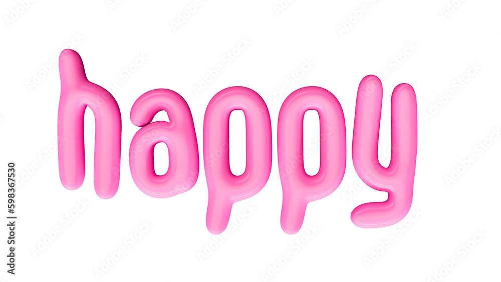 isolated pink lowercase text: HAPPY , in shape of balloons