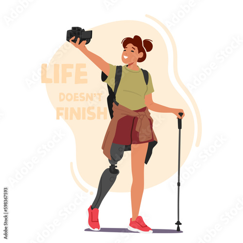 Woman Hiker With Leg Prosthesis. Strong And Inspiring Female Character Defying Limitations And Proving Generative AI