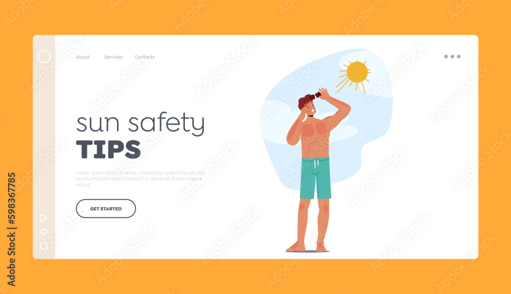 Sun Safety Tips Landing Page Template. Man Experiences Painful Sunburn On The Beach, Resulting In Redness, Itching Generative AI