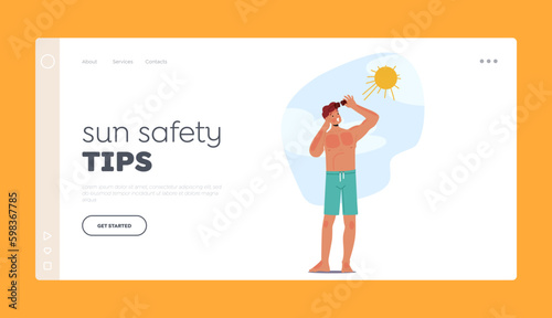 Sun Safety Tips Landing Page Template. Man Experiences Painful Sunburn On The Beach, Resulting In Redness, Itching Generative AI