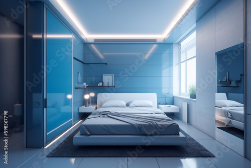  Modern bedroom  clean minimalistic interior design  light blue and white colors. Super photo realistic background  generative ai illustration.