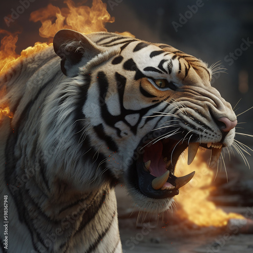 tiger exhaling flames  photo by canon  high definition  HDR  photorealistic  high detail engine 5 render  octane. Generative AI