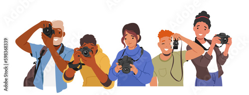 Characters Capturing Moments With Photo Cameras. Holding And Adjusting Settings, Framing Shots, And Capturing Images Generative AI