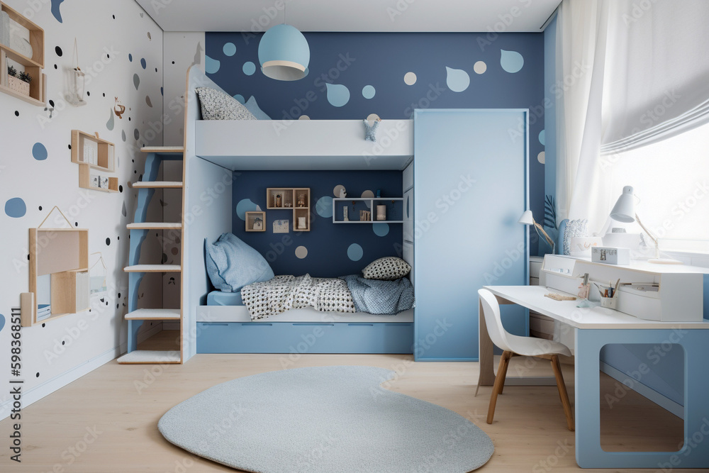 Modern childrens room, clean minimalistic interior design, light blue ...
