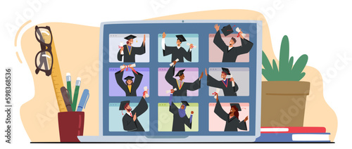 Virtual Graduation Ceremony with Bachelors on Laptop Screen. Online Celebration Of Academic Achievements Generative AI