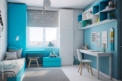 Modern childrens room, clean minimalistic interior design, light blue and white colors. Super photo realistic background, generative ai illustration.