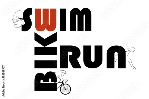 Visual drawing of text logo "SWIM", "RUN", "BIKE" sports in triathlon games, slogan t-shirt design fashion young trendy encouragement for athletes isolated on white background for vector illustration
