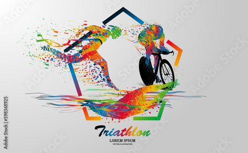 Visual drawing logo swimming, cycling and runner sport at fast of speed in triathlon game, colorful beautiful design style on white background for vector illustration, exercise sport concept